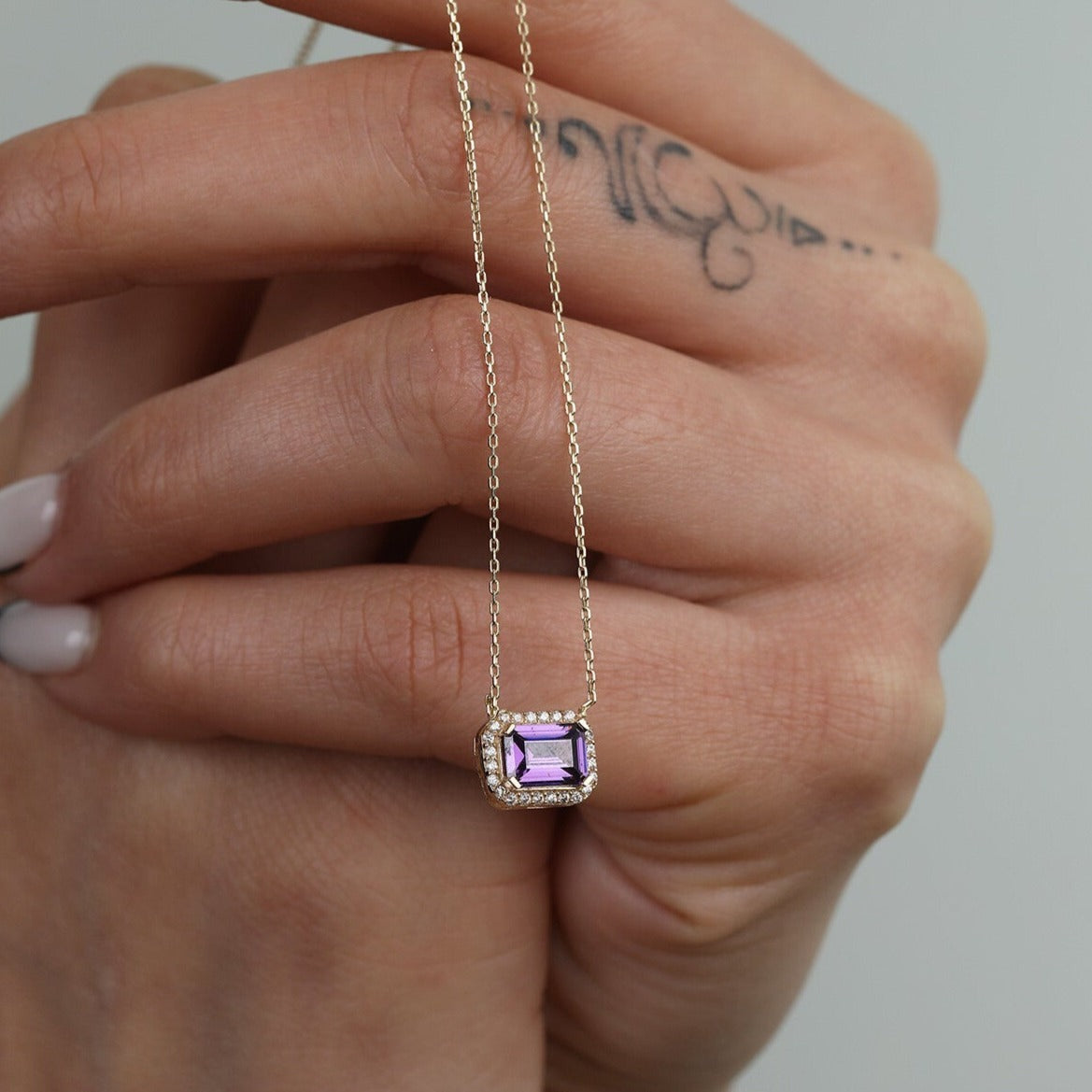 14K Solid gold Purple Amethyst Baguette Necklace For Women