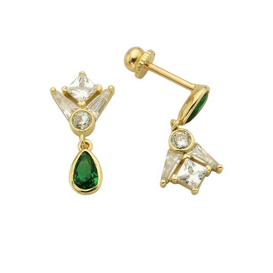 14K Gold Green and White Gemstone Drop Earrings- Elegant Vintage-Inspired Jewelry- Wedding Earrings Gift