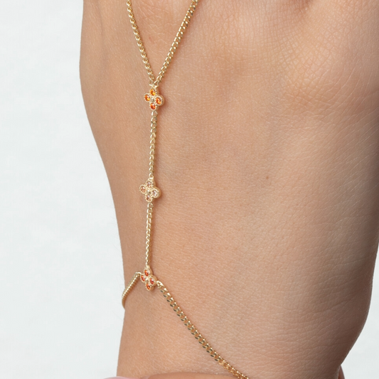 14k Gold Clover Hand Chain Bracelet W/ Colorful Gemstones- Elegant & Stylish Hand Jewelry - Bridal Jewelry- Wedding Gift