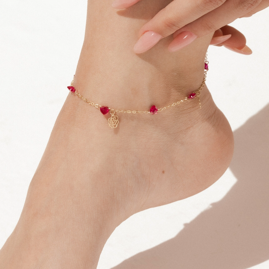 Delicate Red Heart Stone W/ Dangle Flowers Anklet - 14K Gold Beach Anklet- Beach Jewelry- Summer Jewelry- Gift For Bridal- Anniversary Gift