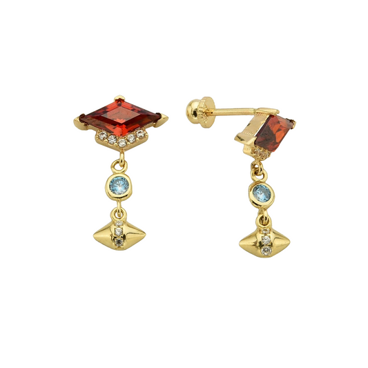 Handmade Garnet and Blue Topaz Dangle Earrings with Gold Plating- Kite Cut Garnet Dangle Cz Earrings- Wedding Earrings Gift Bridal