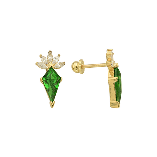 14K Gold Kite Cut Emerald Earrings W/ Marquise