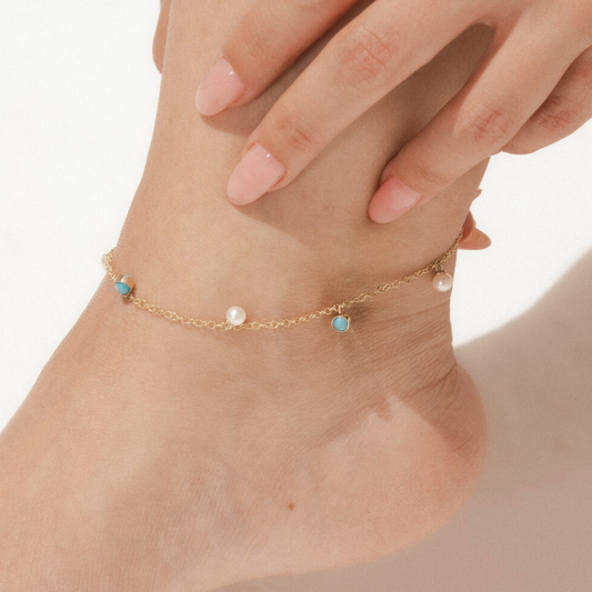 Turquoise and Pearl Charm Anklet in 14K Gold - Delicate Beach Jewelry - Perfect Summer Accessory- Gift For Bridal