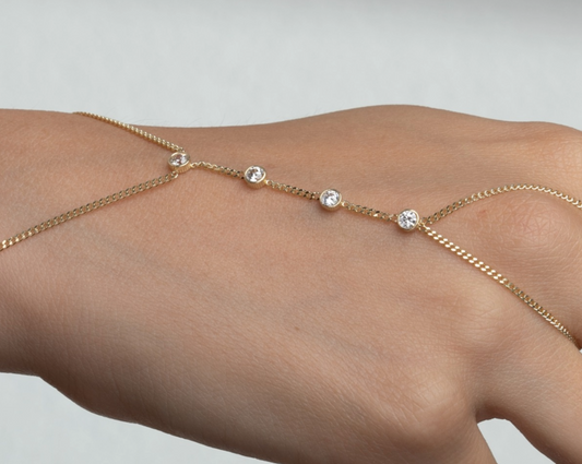 14K Gold 4-Stone Bezel Set Hand Chain Bracelet Curb Chain Hand Bracelet W/Cz - Bridal Jewelry- Birthday Gift-Gift for Her