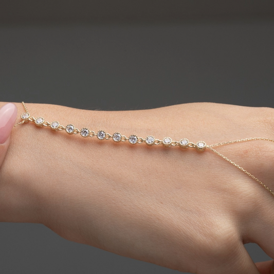 14K Gold CZ Bezel Set Hand Chain Bracelet - Dainty Crystal Hand Chain - Elegant Bridal Jewelry - Delicate Chain Bracelet - Gift for Her