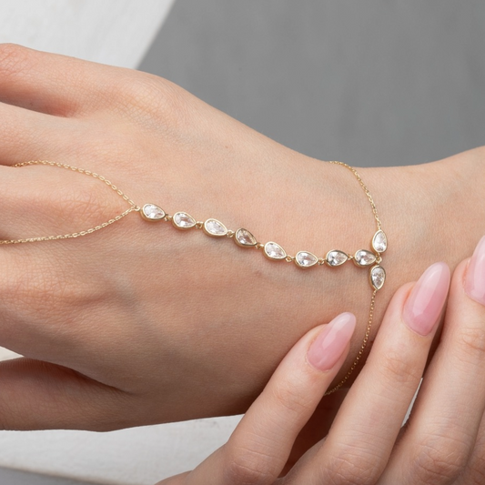 14K Gold Cz Pear Bezel Set Hand Chain Bracelet- Dainty Slave Bracelet- Link Hand Chain- Bridal Jewelry- Birthday Gift - Wedding Gift