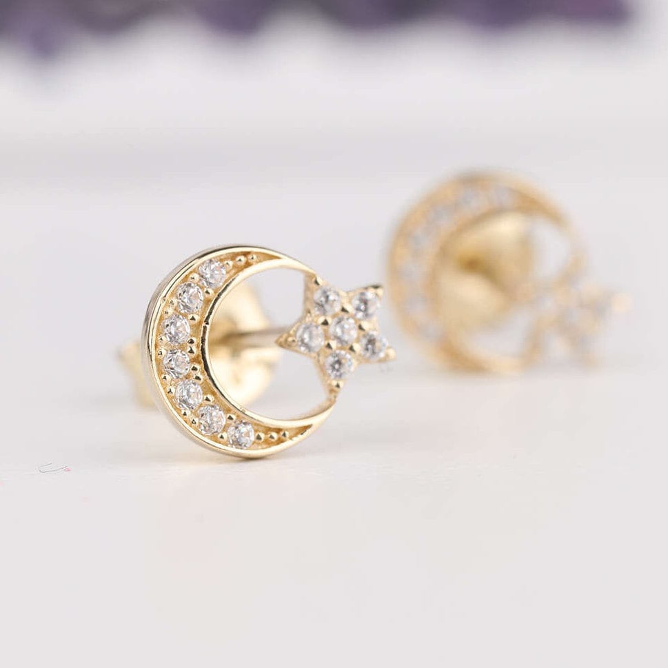 14K Gold  Cz Moon and Star Earrings