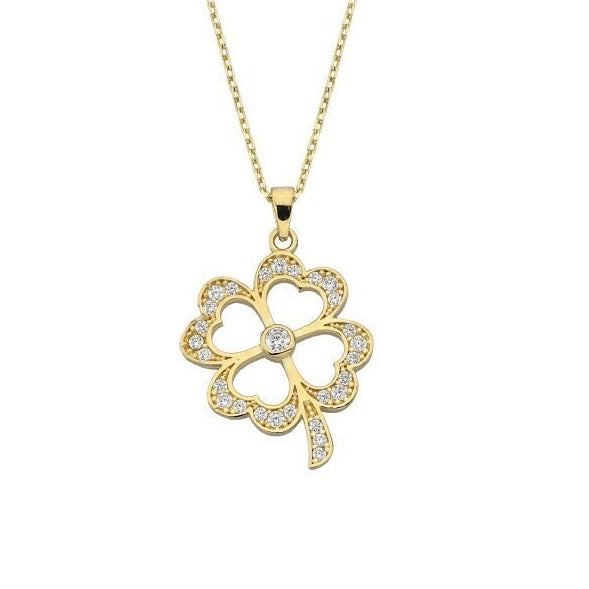 14K Solid Gold Shamrock Necklace/ Vintage Clover Charm Necklace For Women/ Four Leaf Clover Charm Pendant/ Good Luck Necklace/Wedding Gift