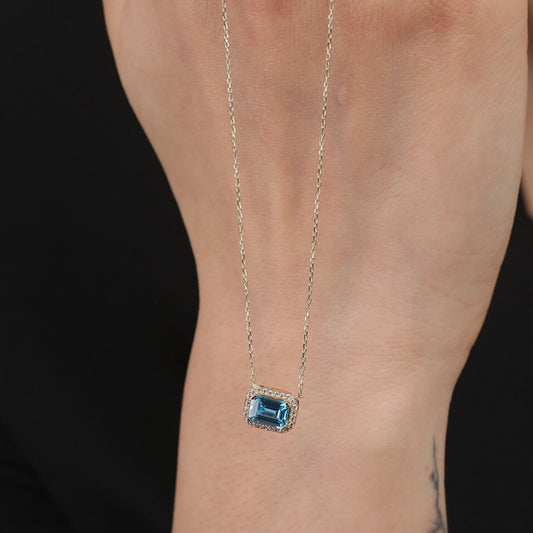 14k gold aquamarine emerald cut necklace for gift women