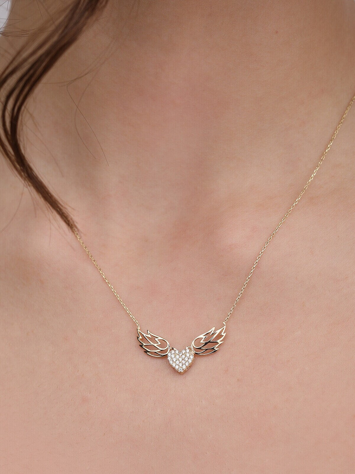 14K Gold Cz Angel Wings Necklace