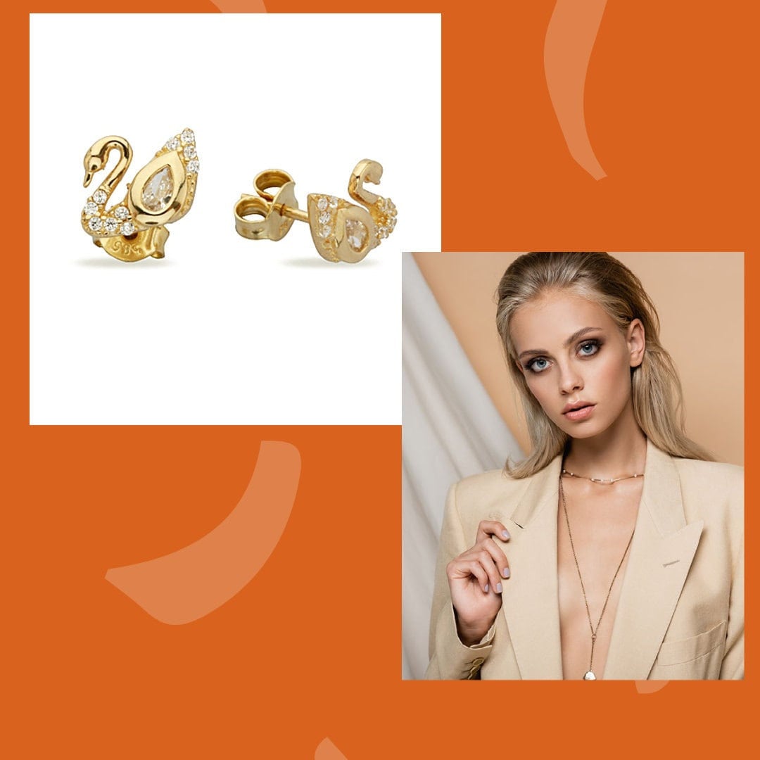 14K Gold  Cz Swan Stud Earrings