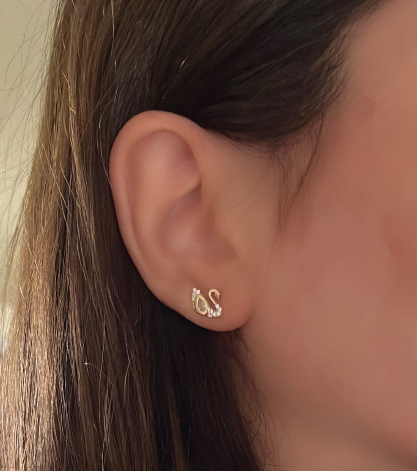 14K Gold  Cz Swan Stud Earrings