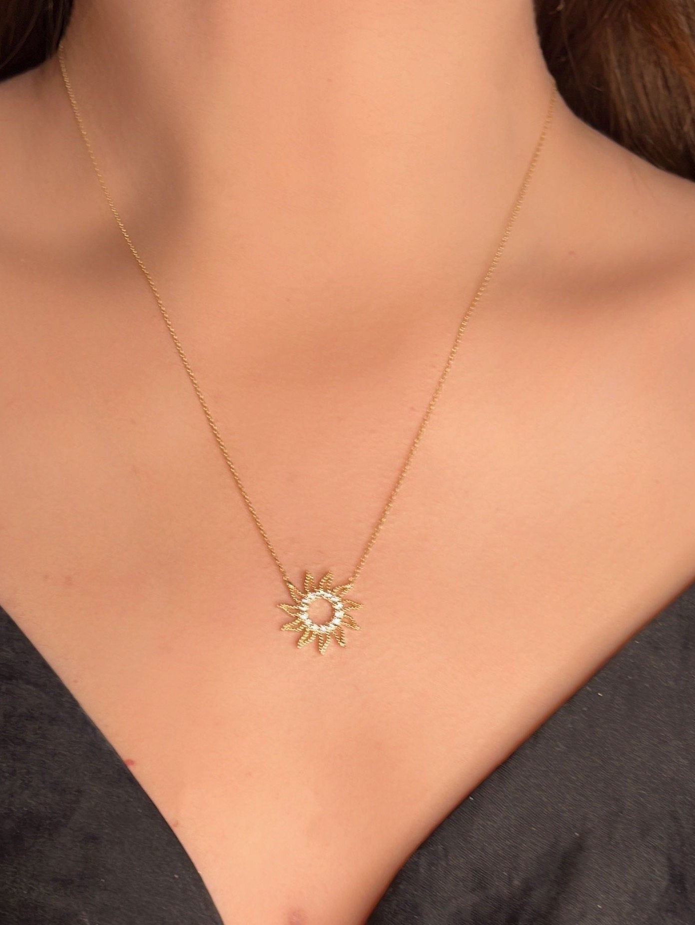 14K Yellow Gold Sun Necklace