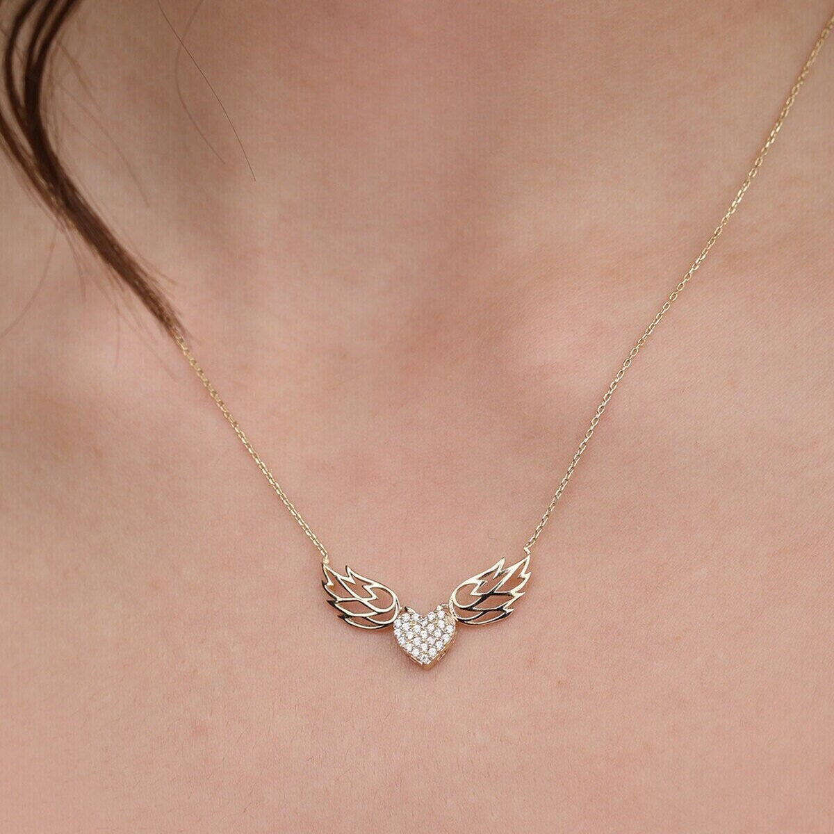 14K Gold Cz Angel Wings Necklace